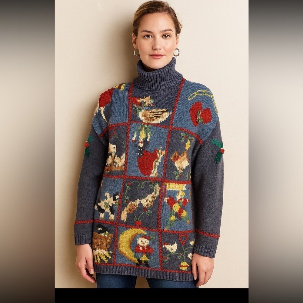 VTG Marisa Christina Christmas Patchwork Turtleneck Sweater Blue Vintage Women L